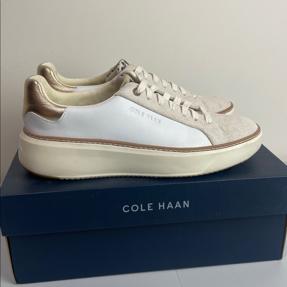 Cole Haan Women's Grand Series Topspin Sneaker Gold Metallic-Ivory Leopard 6.5